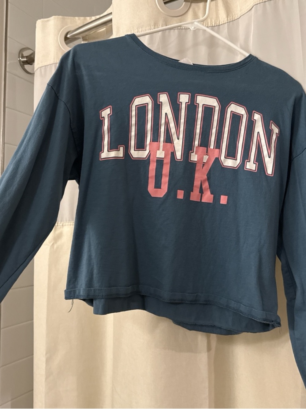 Zara Blue Long Sleeve 'LONDON U.K.' Graphic Tee with Pink Lettering